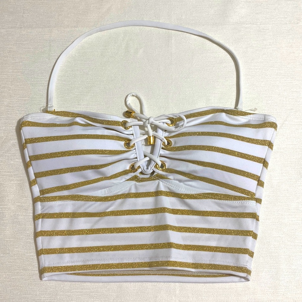 POLO RALPH LAUREN Lace-up Metallic Stripes Bikini Top Women's Size 4